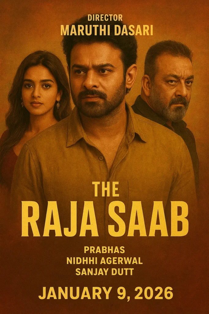 The Raja Saab movie poster showing three main characters with serious expressions, positioned in a warm golden and brown color scheme, with the film title “The Raja Saab” displayed in bold text below.