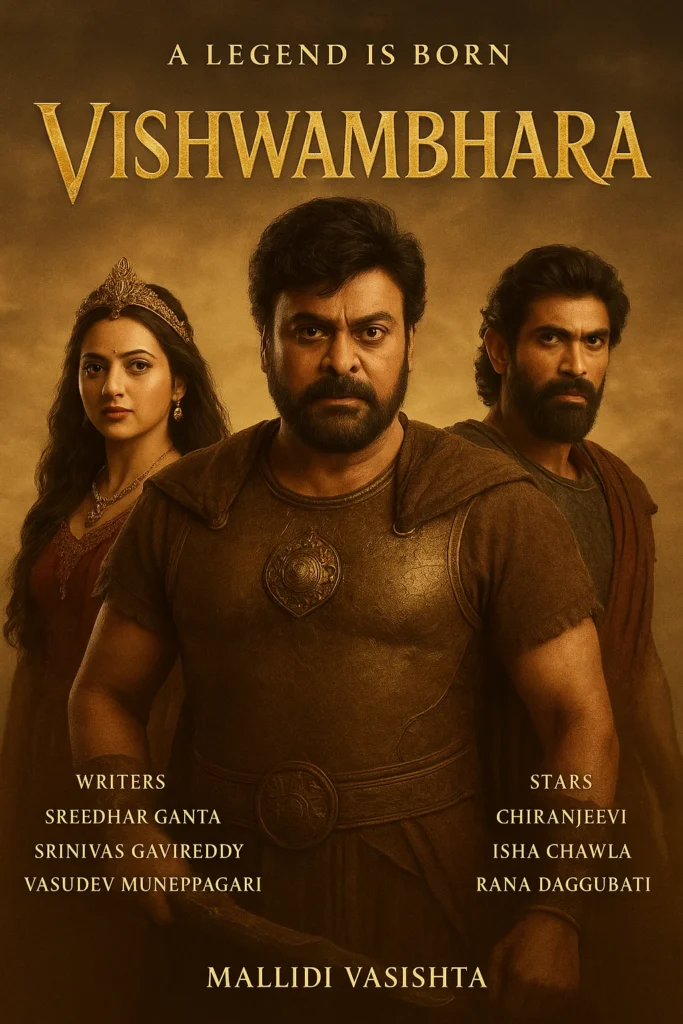 Vishwambhara movie poster featuring Chiranjeevi in a mythic fantasy world with divine realms and powerful visual elements.