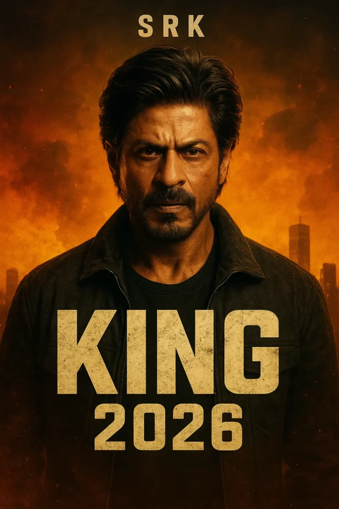 King movie poster featuring SRK with dramatic background and action-packed visuals