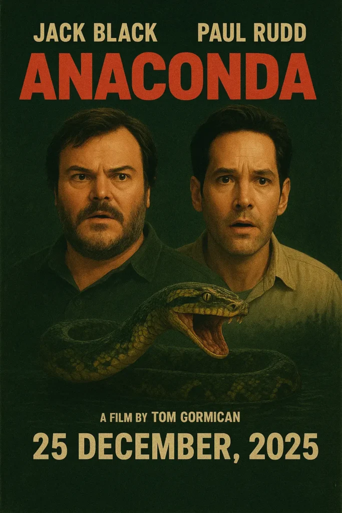 Poster of the movie Anaconda (2025) featuring Jack Black and Paul Rudd, directed by Tom Gormican, with a large anaconda and release date 25 December 2025.