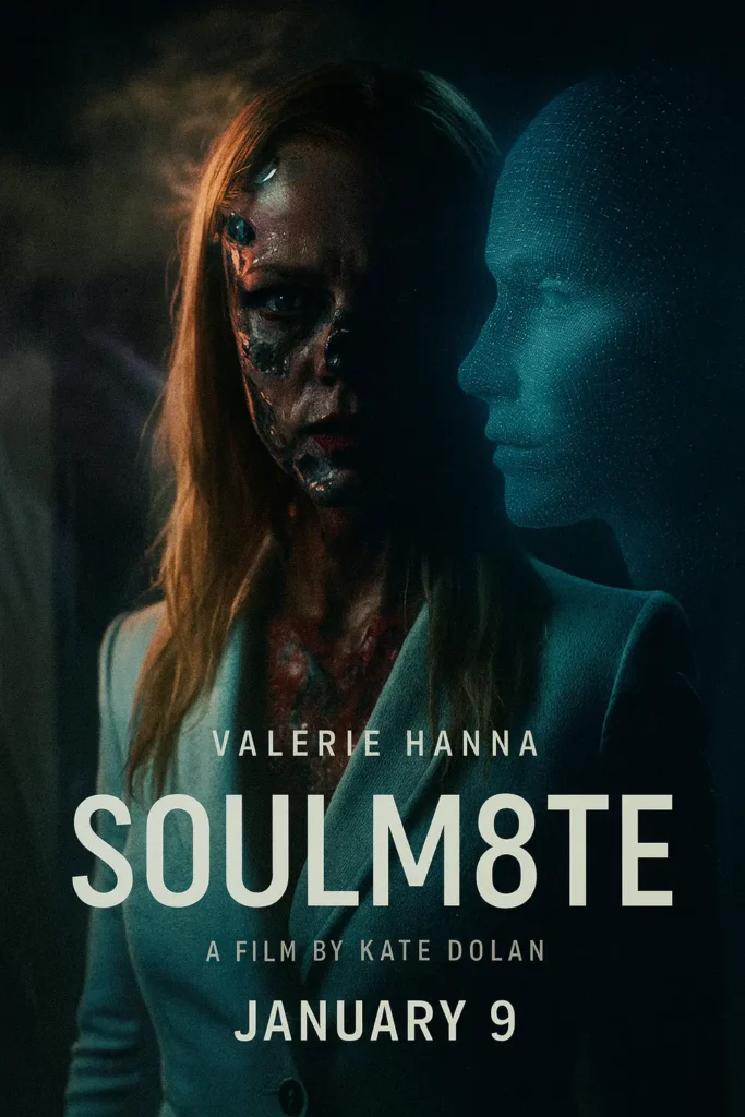 Valerie Hanna with half-damaged AI face in the Soulm8te movie poster, directed by Kate Dolan, releasing January 9.