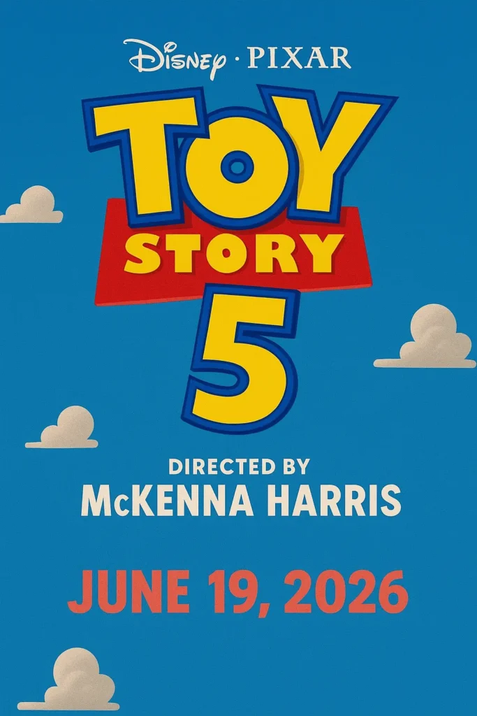 Toy Story 5 official-style poster featuring bold yellow and blue title text, directed by McKenna Harris and Andrew Stanton, with release date June 19, 2026 on a blue sky background with clouds