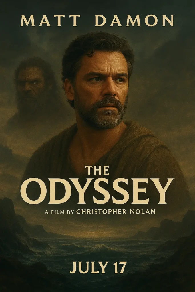 "Matt Damon as Odysseus in The Odyssey 2026 movie poster, directed by Christopher Nolan, with dark ocean backdrop and Cyclops in the background."
