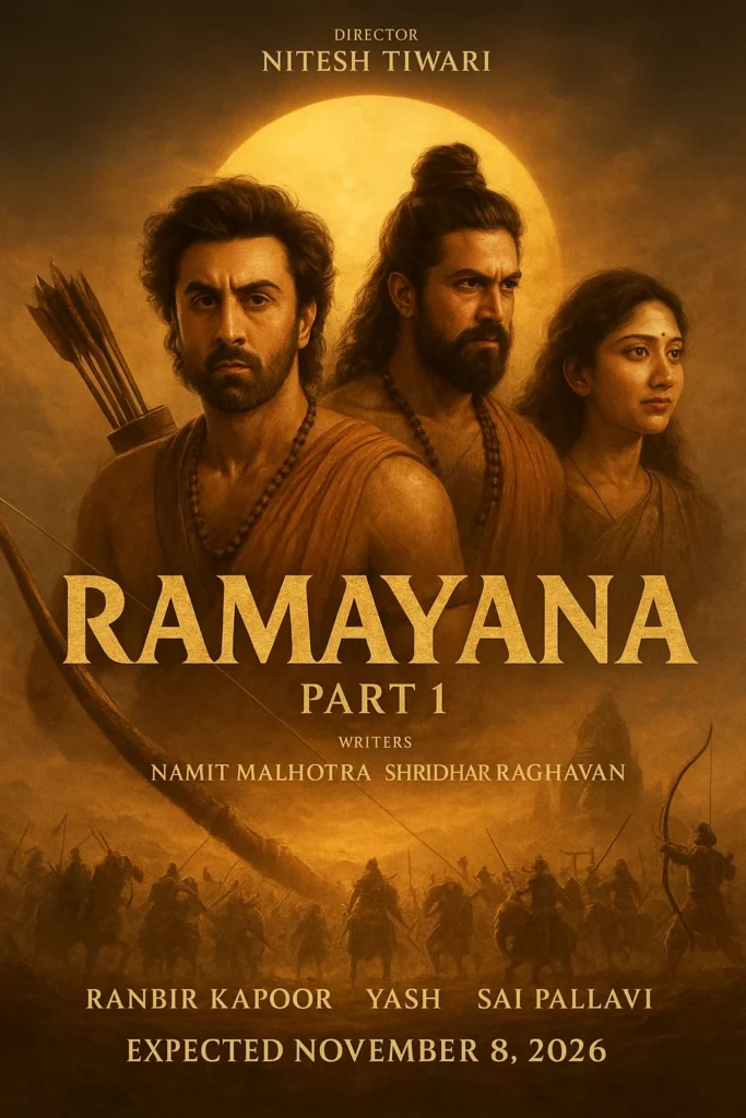 AI generated movie poster of Ramayana Part 1 (2026) featuring Ranbir Kapoor as Rama, Yash as Lakshmana, and Sai Pallavi as Sita — directed by Nitesh Tiwari, written by Namit Malhotra and Shridhar Raghavan, expected release November 8, 2026.