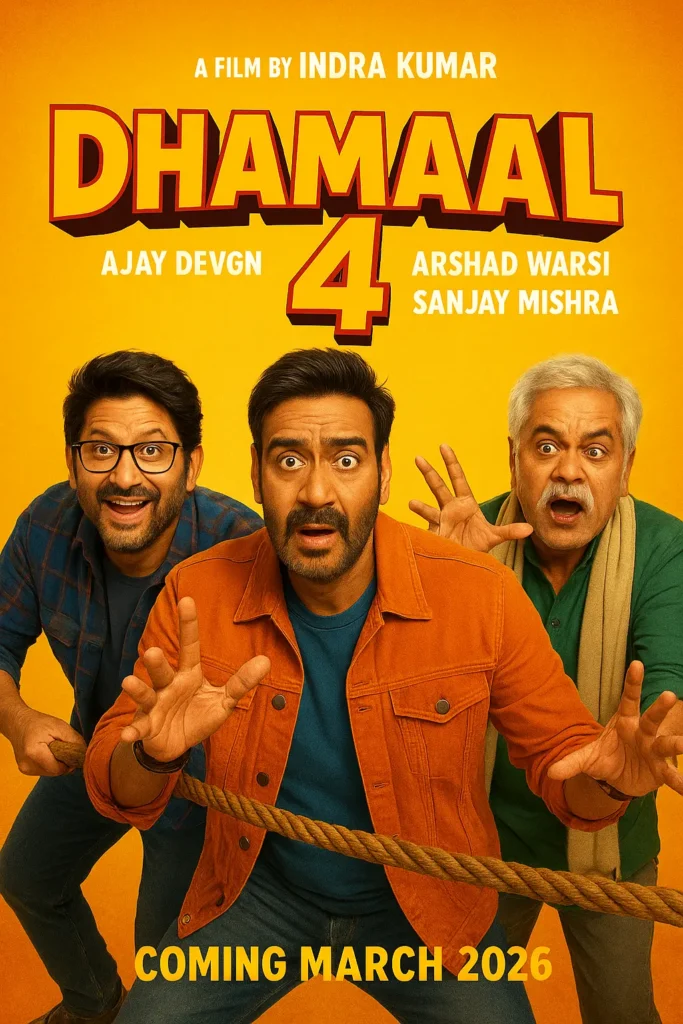 Dhamaal 4 movie poster featuring Ajay Devgn, Arshad Warsi, Sanjay Mishra, and Riteish Deshmukh in Indra Kumar’s 2025 comedy adventure film.