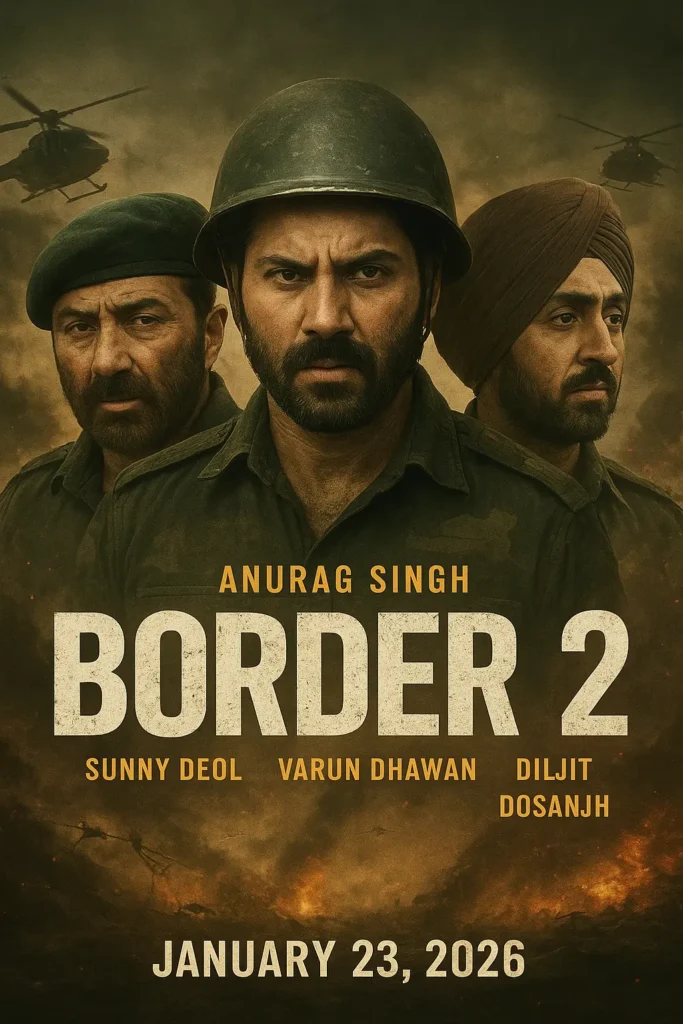 Official Border 2 movie poster featuring Sunny Deol, Varun Dhawan, and Diljit Dosanjh in army uniforms with helicopters and explosions in the background. Directed by Anurag Singh, releasing on January 23, 2026.