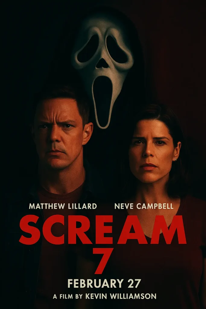 Scream 7 poster featuring Ghostface, horror artwork, new 2025 movie design