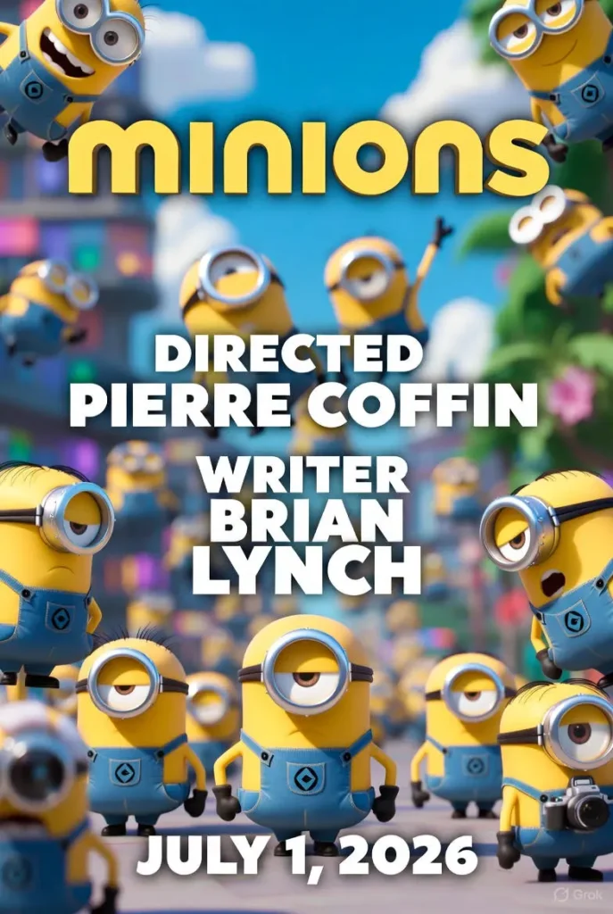 Minions 3 official teaser poster featuring a huge crowd of yellow Minions with goggles cheering in a colorful city street under a bright blue sky. Directed by Pierre Coffin, written by Brian Lynch, in theaters July 1, 2026