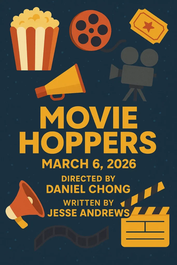 Movie Hoppers movie poster featuring film icons, release date March 6, 2026, directed by Daniel Chong and written by Jesse Andrews.